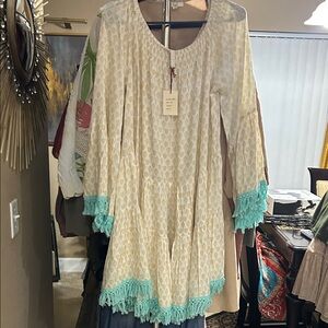 RAGA Cream and Aqua Long Sleeve Dress